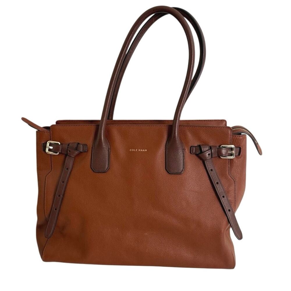 Cole Haan brown pebbled leather satchel tote belted detail - Picture 4 of 16